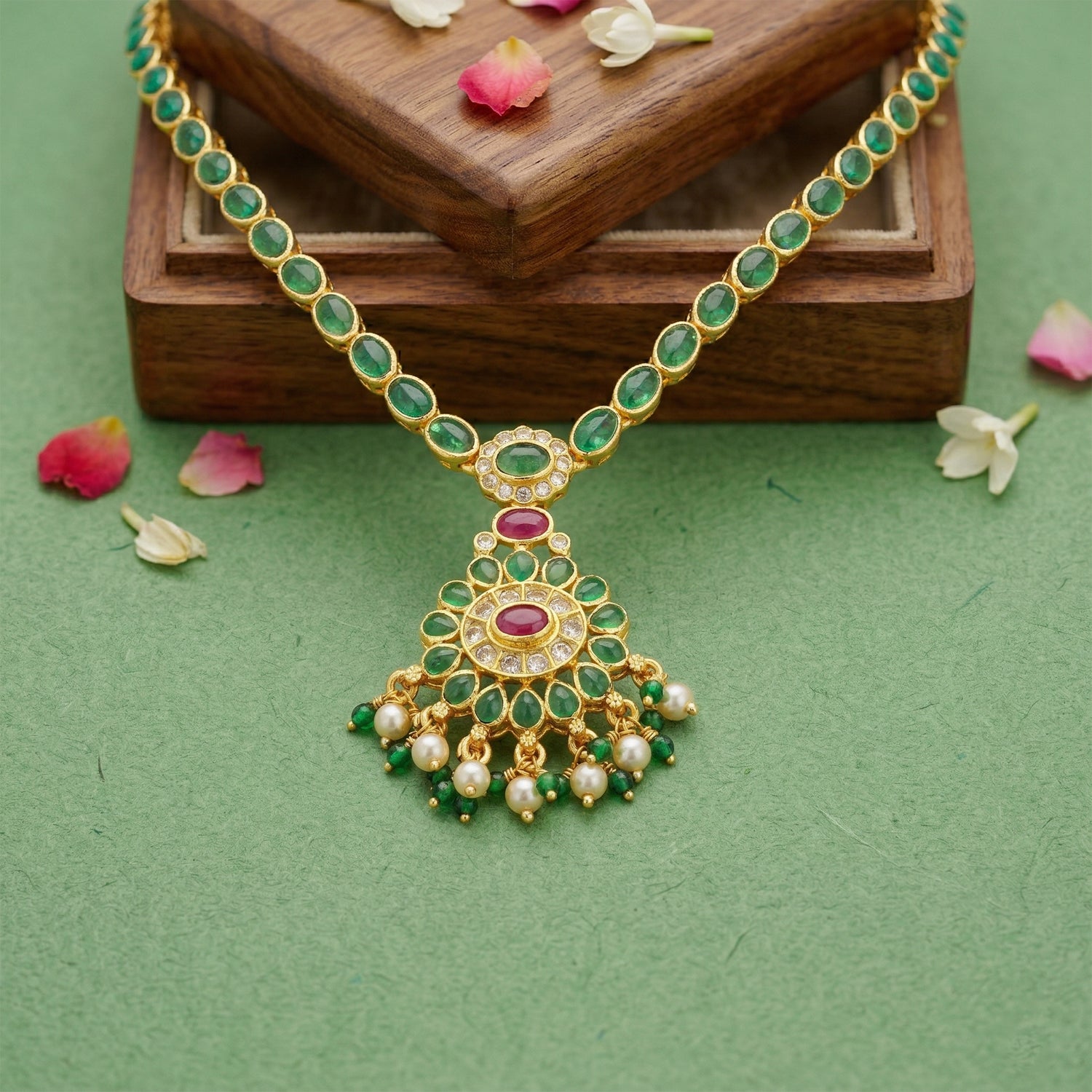 Golden Green Stone Accent 925 Sterling Silver Floral Drop Short Haram for Women