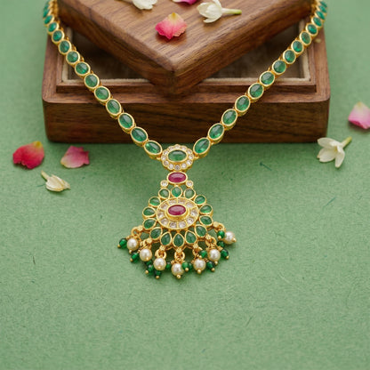 Golden Green Stone Accent 925 Sterling Silver Floral Drop Short Haram for Women