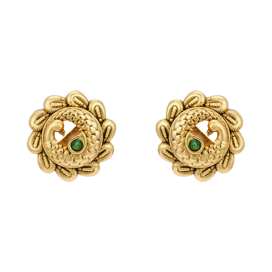 Golden Green Stone Peacock Motif 925 Sterling Silver Stud for Women