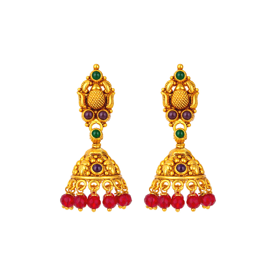 Golden Green Stone Red Bead 925 Sterling Silver Jhumka for Women