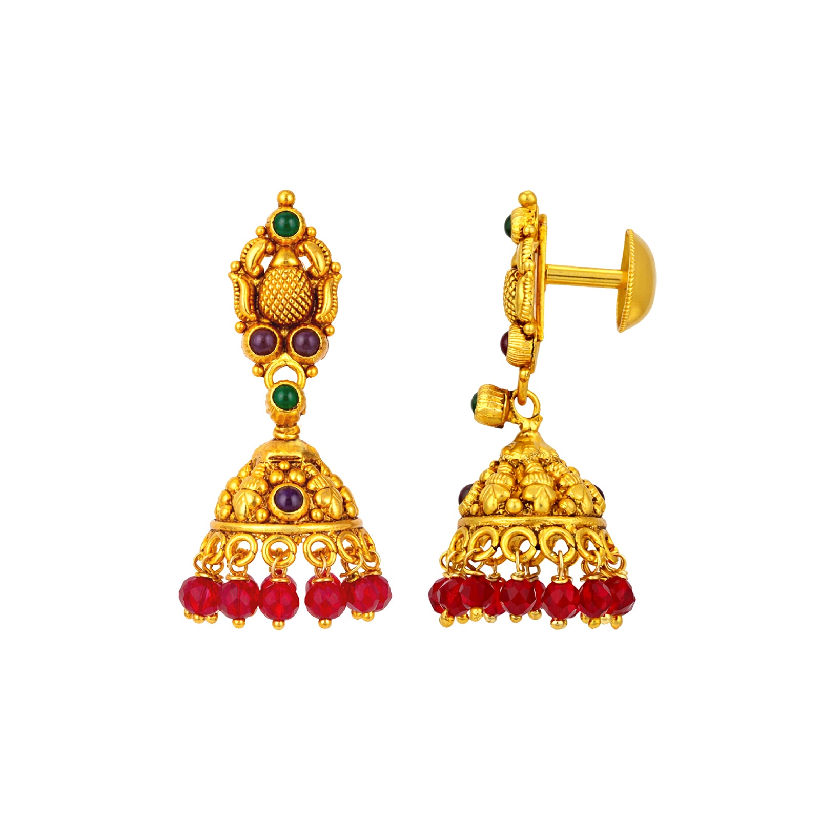 Gold earrings with red and green gemstones on a white background