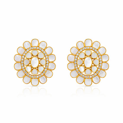 Golden Halo 925 Sterling Silver Floral Pearl Stud Earrings