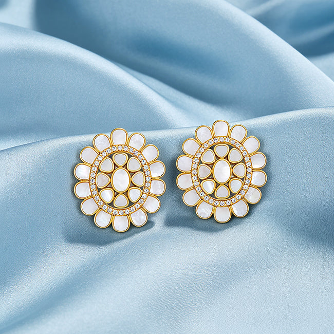 Golden Halo 925 Sterling Silver Floral Pearl Stud Earrings