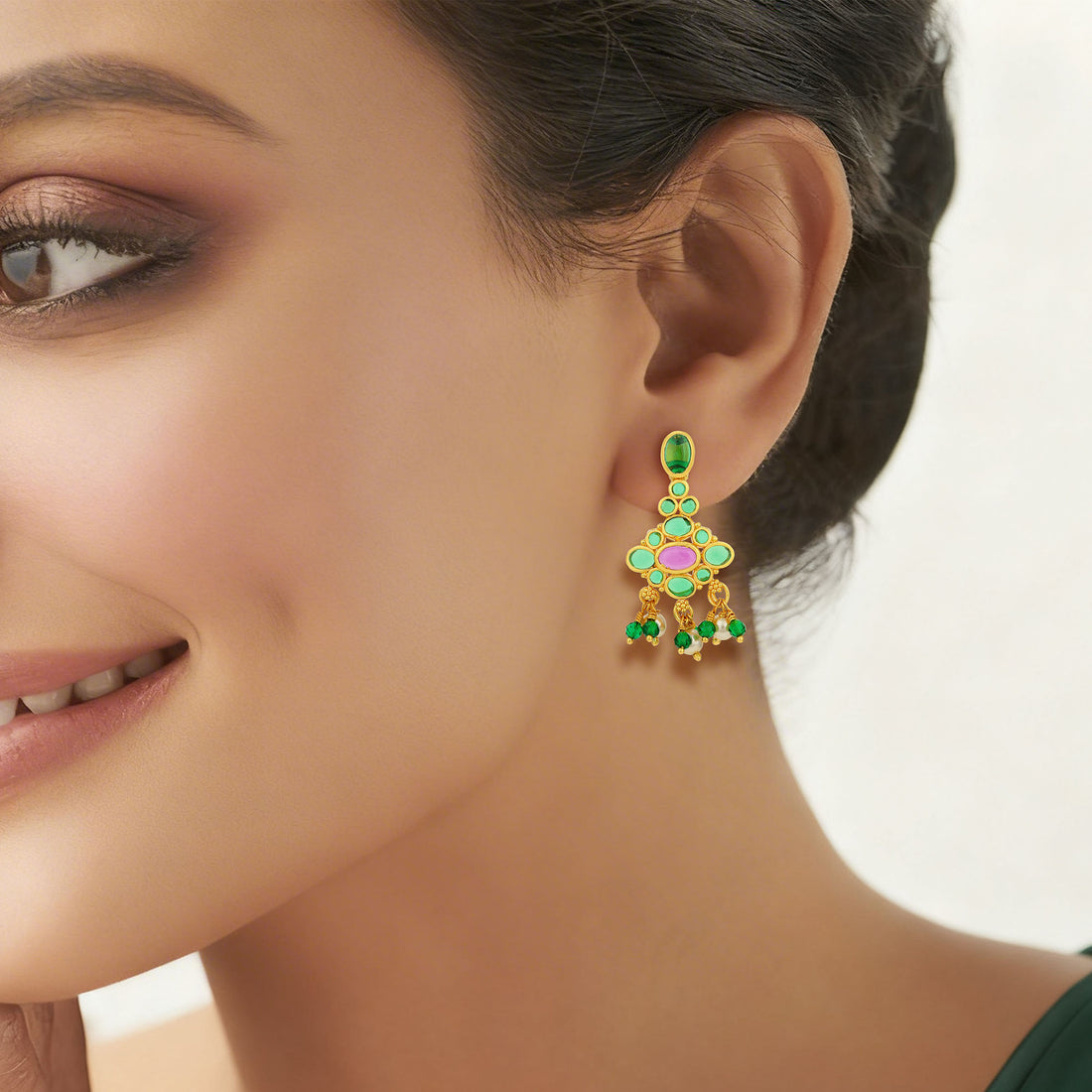 Golden Kundan Style Green Pink Stone 925 Sterling Silver Pearl Drop Earring for Women