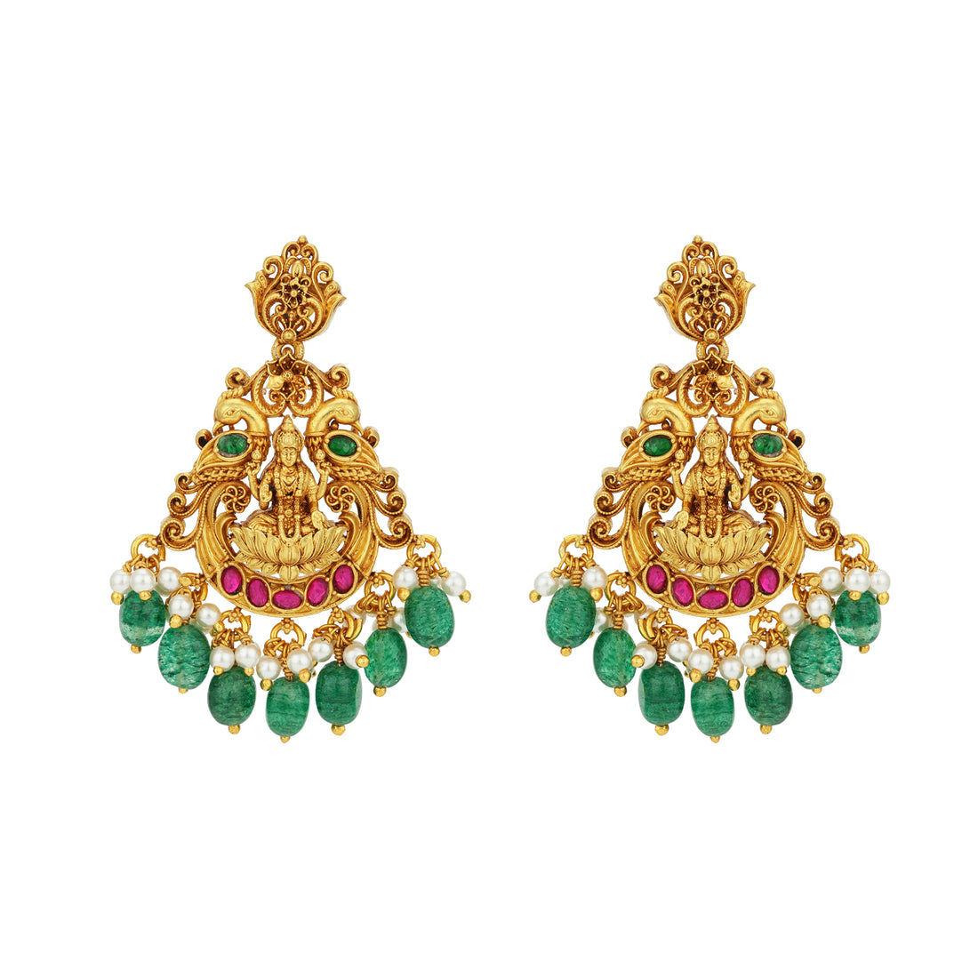 Golden Lakshmi Lotus Peacock Temple 925 Sterling Silver Green Bead Drop Chandbali Earrings for Women