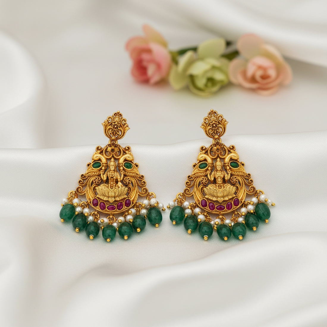 Golden Lakshmi Lotus Peacock Temple 925 Sterling Silver Green Bead Drop Chandbali Earrings for Women