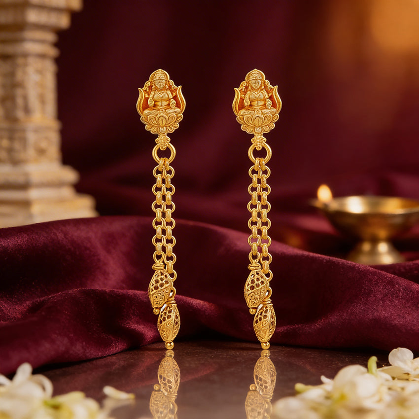 Golden Lakshmi Motif Dual Openwork Dangle 925 Sterling Silver Earring for Women