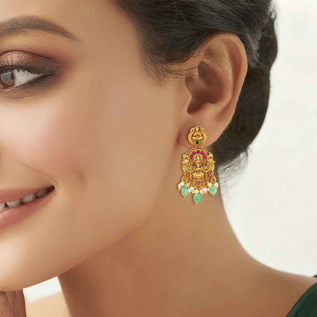 Golden Lakshmi Narayana Temple Motif 925 Sterling Silver Pearl Green Drop Earrings for Women