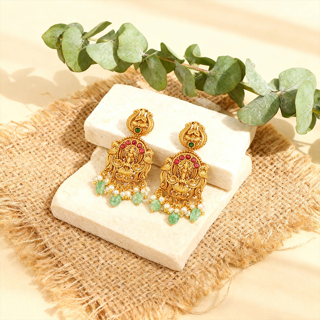 Golden Lakshmi Narayana Temple Motif 925 Sterling Silver Pearl Green Drop Earrings for Women