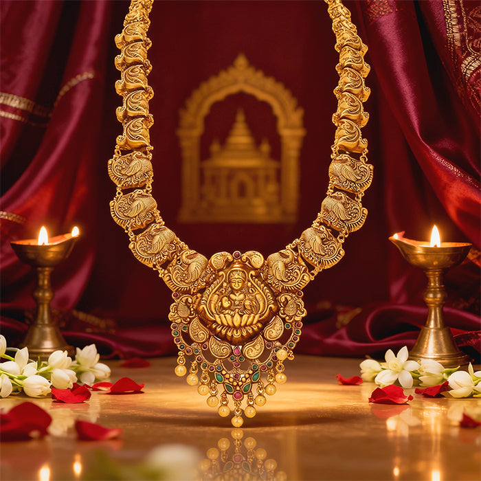 Golden Lakshmi Peacock Motif 925 Sterling Silver Gold Drop Haram for Women