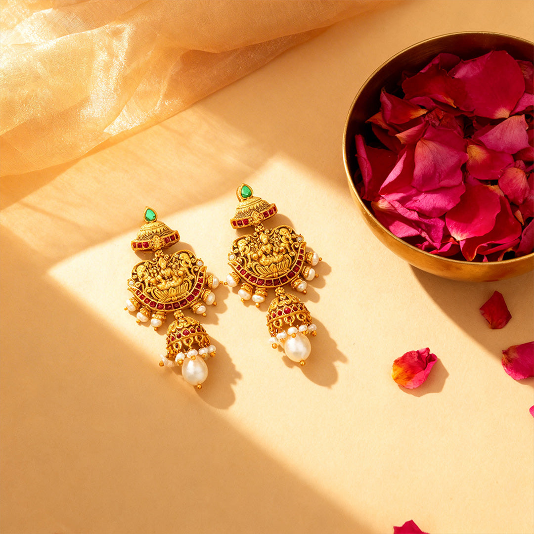 Golden Lakshmi Ratha Ruby Pearl 925 Sterling Silver Pearl Drop Jhumka Earrings for Women