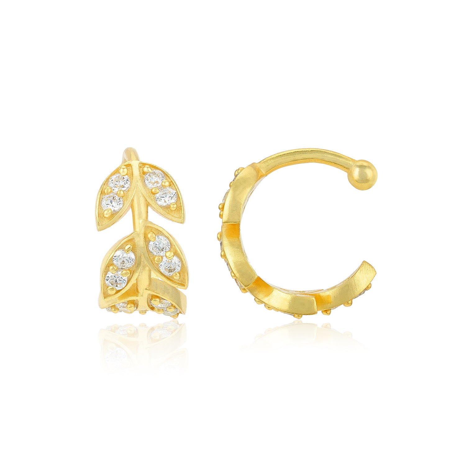 Golden Leaf Crystal Bloom 925 Sterling Silver Cuff Earrings for Women