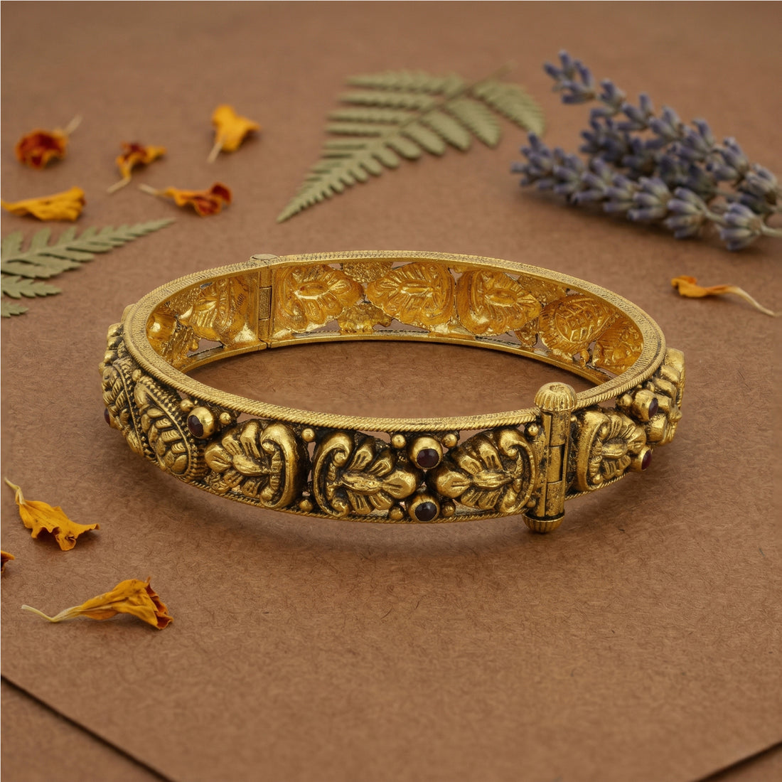 Golden Leaf Motif 925 Sterling Silver Bangle for Women