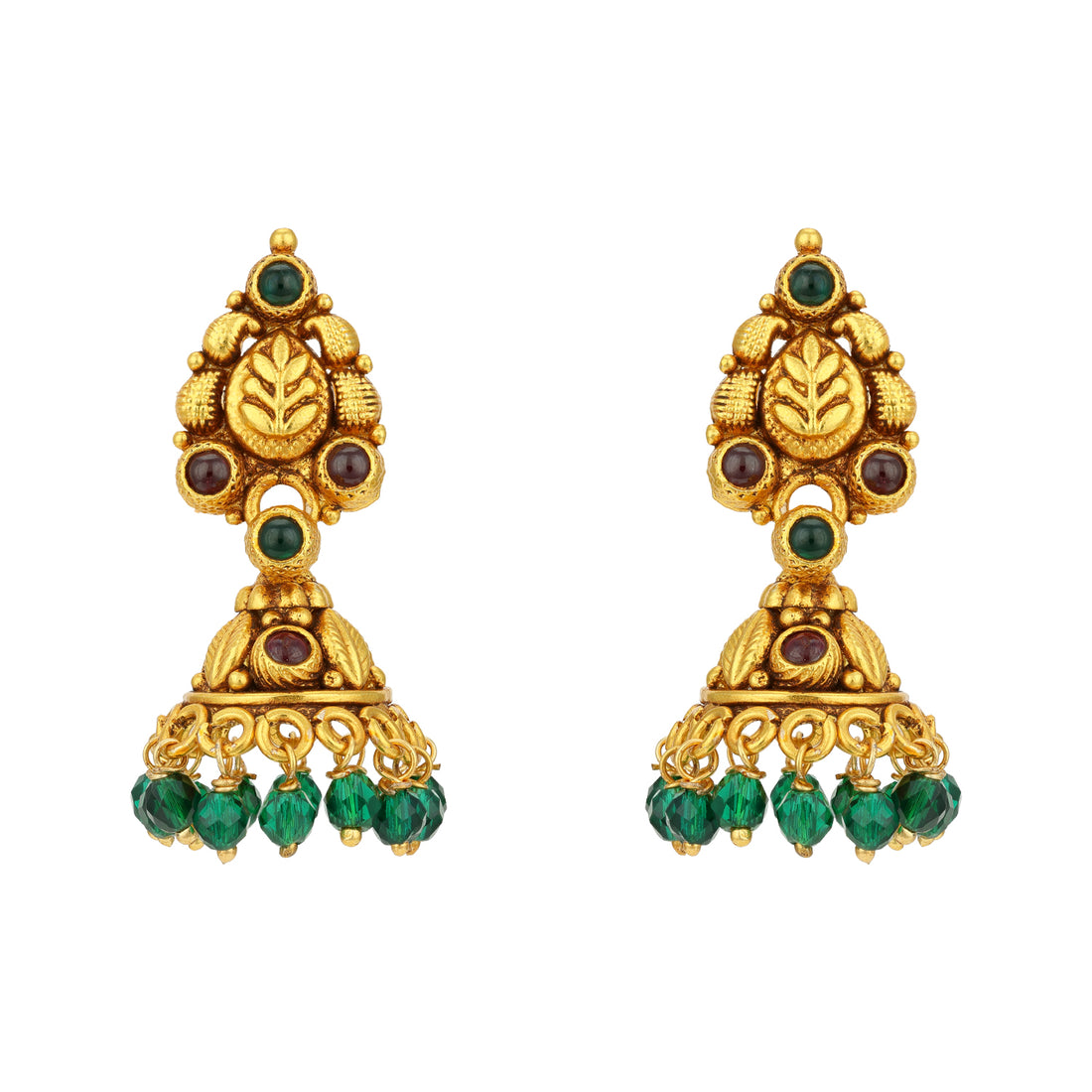 Golden Leaf Pattern Green Bead Drop 925 Sterling Silver Jhumka for Women