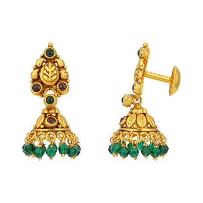 Golden Leaf Pattern Green Bead Drop 925 Sterling Silver Jhumka for Women