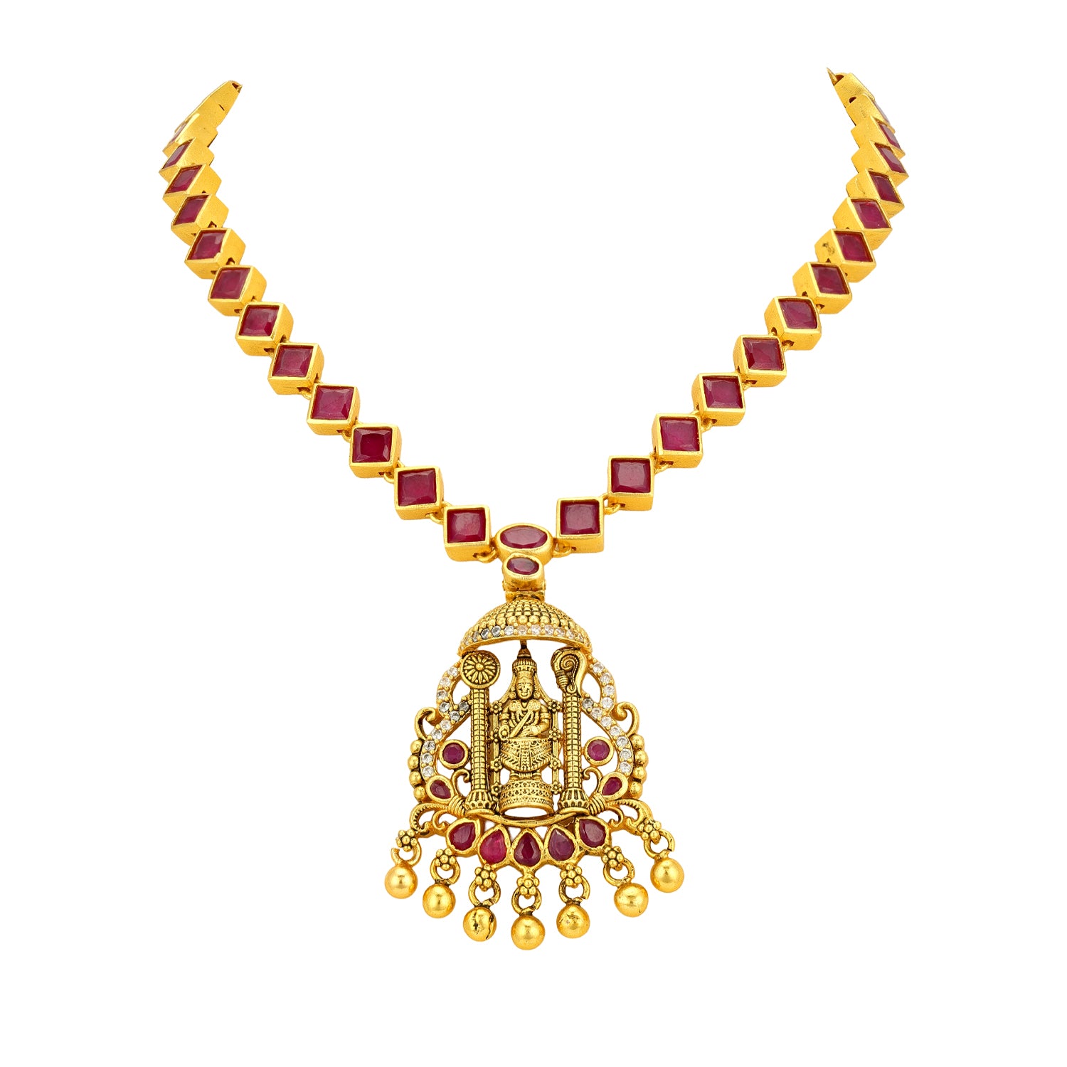Golden Lord Venkateswara Temple Pendant 925 Sterling Silver Pink Stone Short Haram for Women