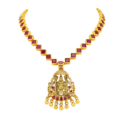 Golden Lord Venkateswara Temple Pendant 925 Sterling Silver Pink Stone Short Haram for Women