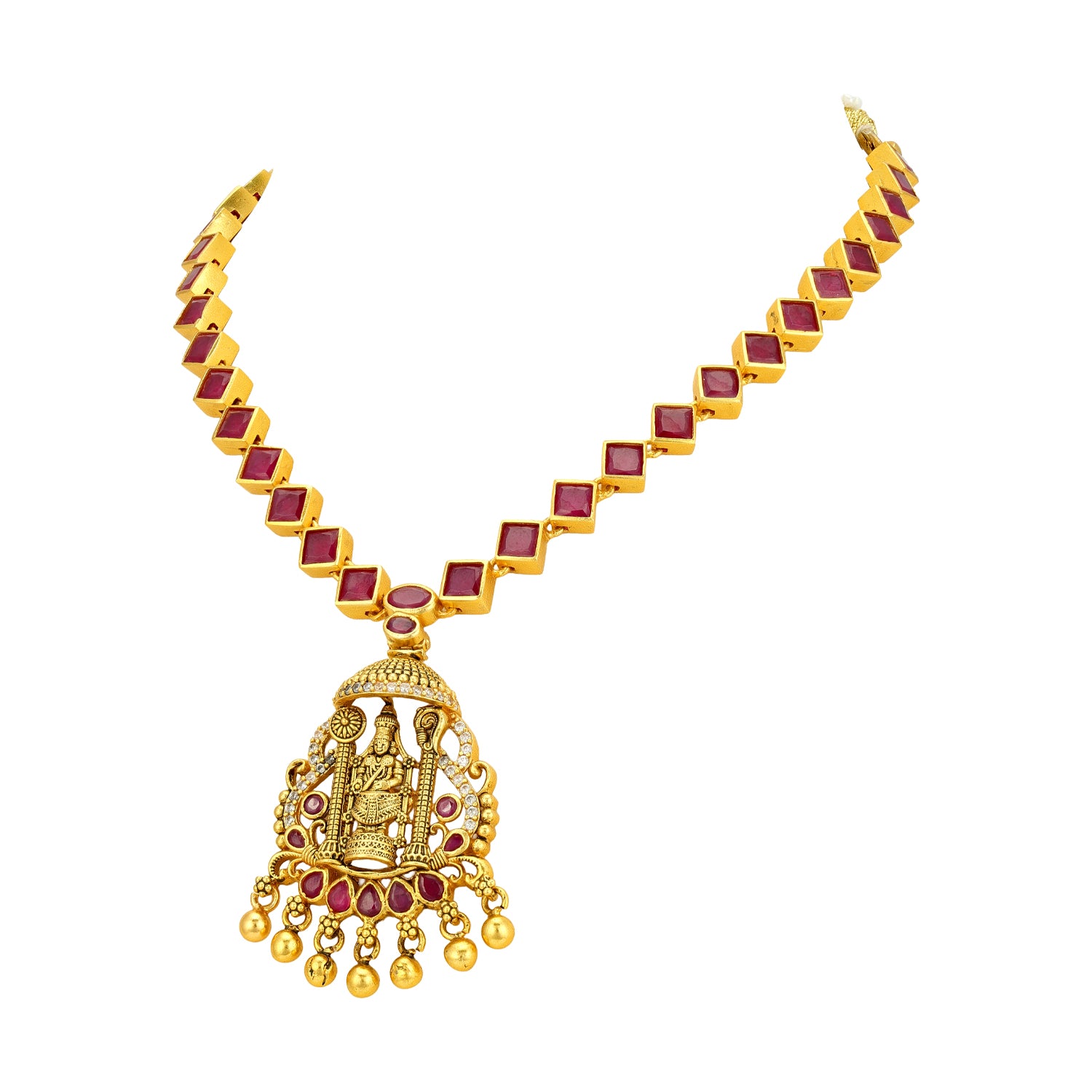 Golden Lord Venkateswara Temple Pendant 925 Sterling Silver Pink Stone Short Haram for Women