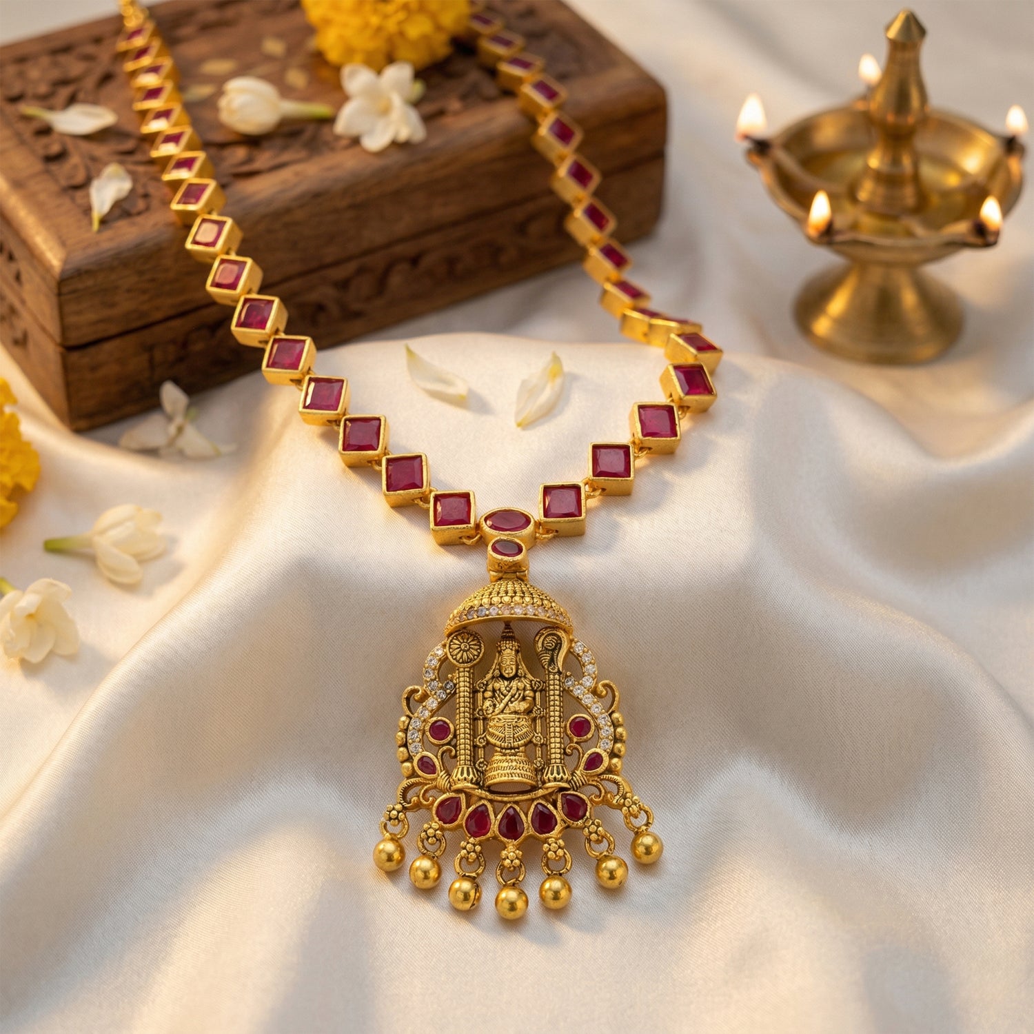 Golden Lord Venkateswara Temple Pendant 925 Sterling Silver Pink Stone Short Haram for Women