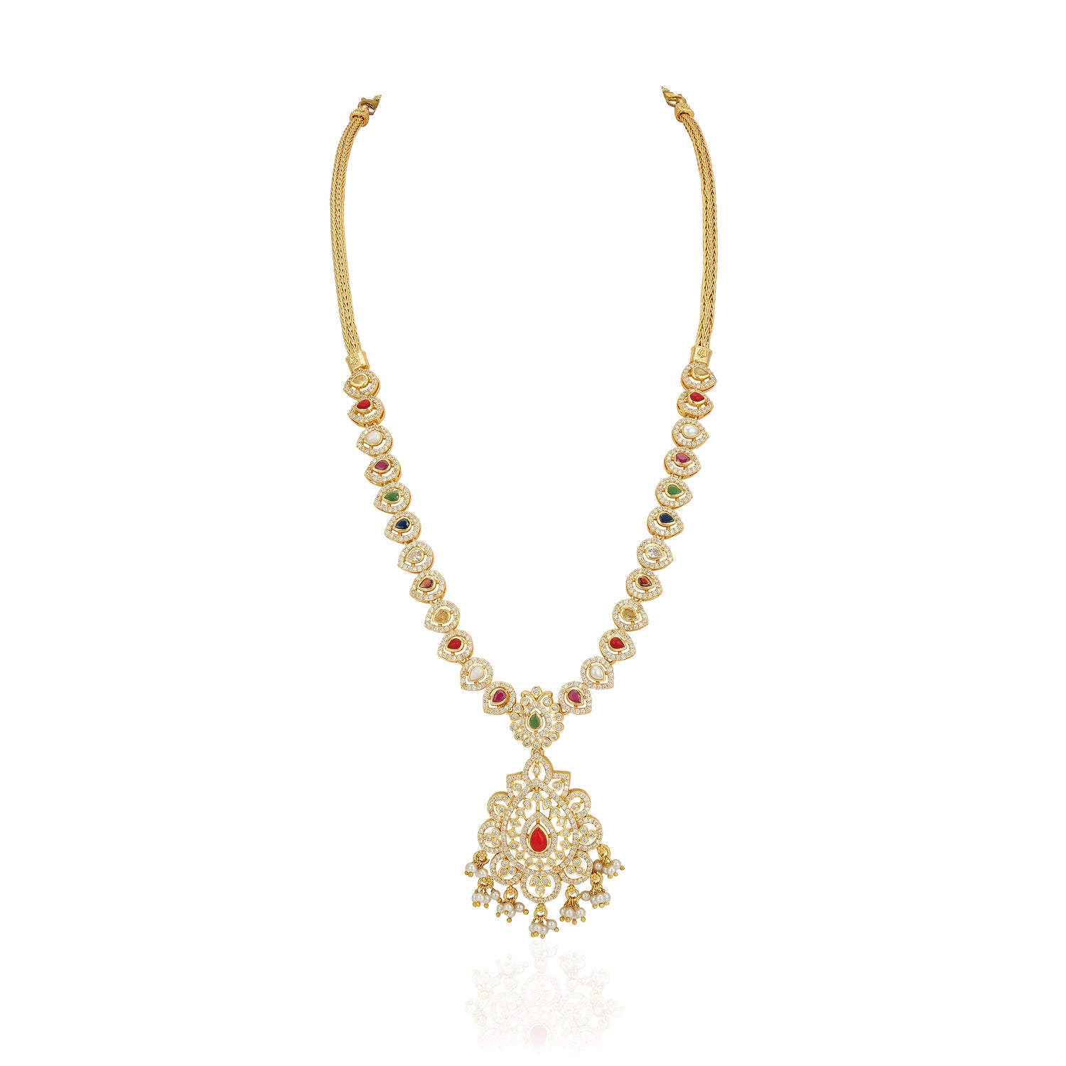 Golden Navaratna CZ Statement 925 Sterling Silver Pearl Drop Haram for Women