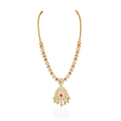Golden Navaratna CZ Statement 925 Sterling Silver Pearl Drop Haram for Women