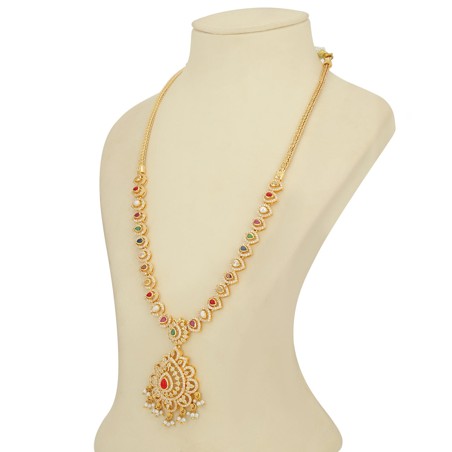 Golden Navaratna CZ Statement 925 Sterling Silver Pearl Drop Haram for Women
