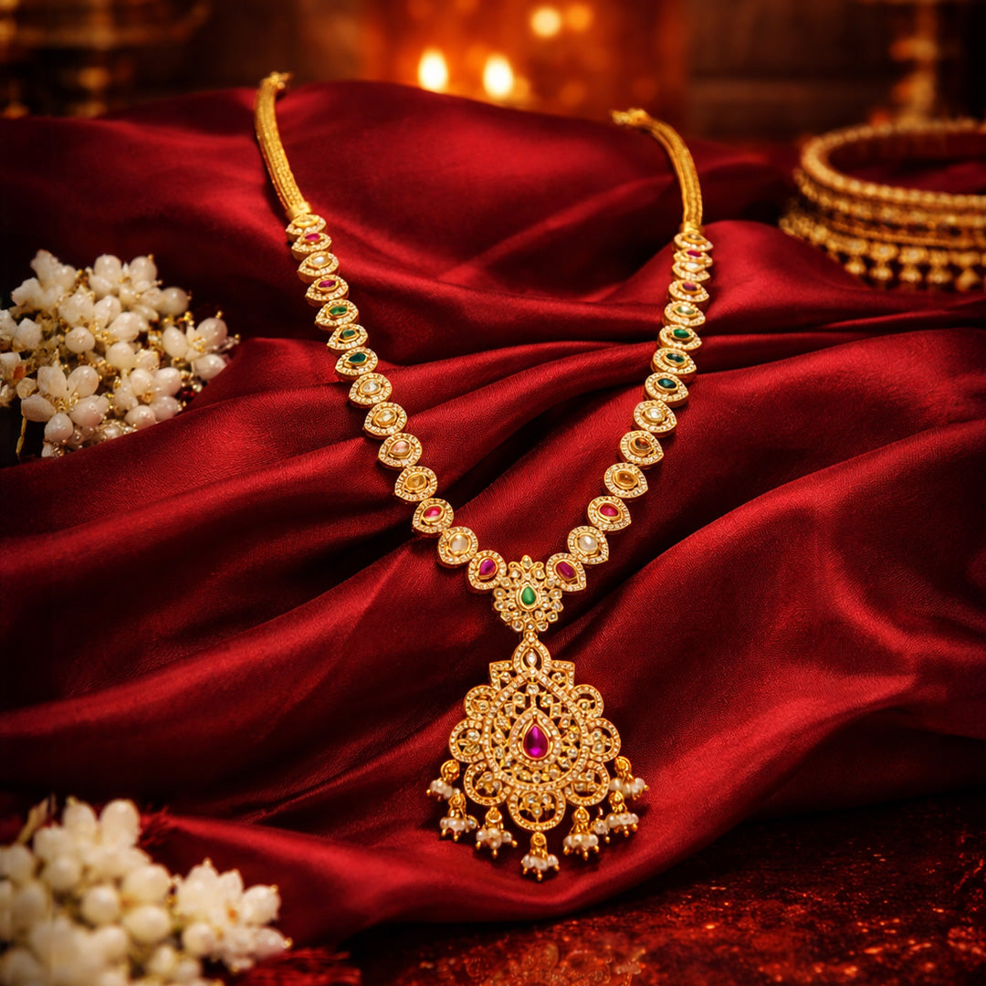 Golden Navaratna CZ Statement 925 Sterling Silver Pearl Drop Haram for Women