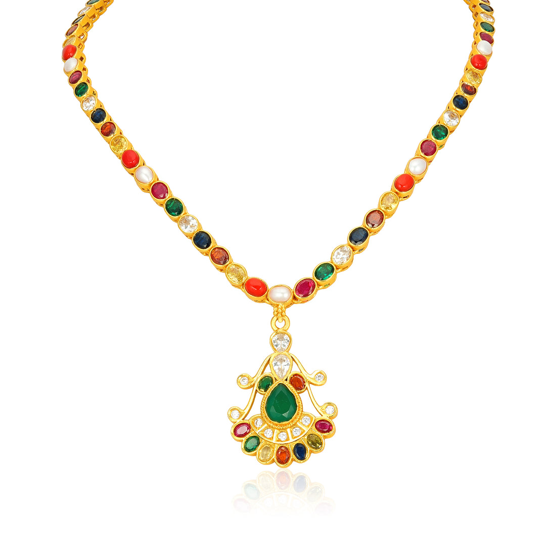 Golden Navaratna Inspired Multi Colour Stone Green Teardrop 925 Sterling Silver Short Haram for Women