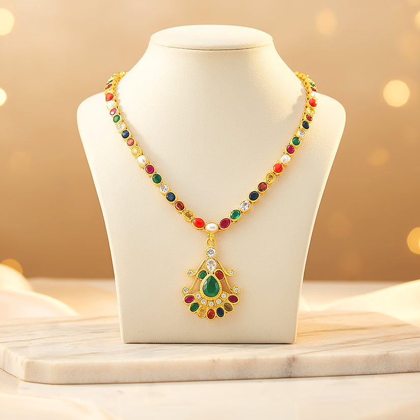 Golden Navaratna Inspired Multi Colour Stone Green Teardrop 925 Sterling Silver Short Haram for Women