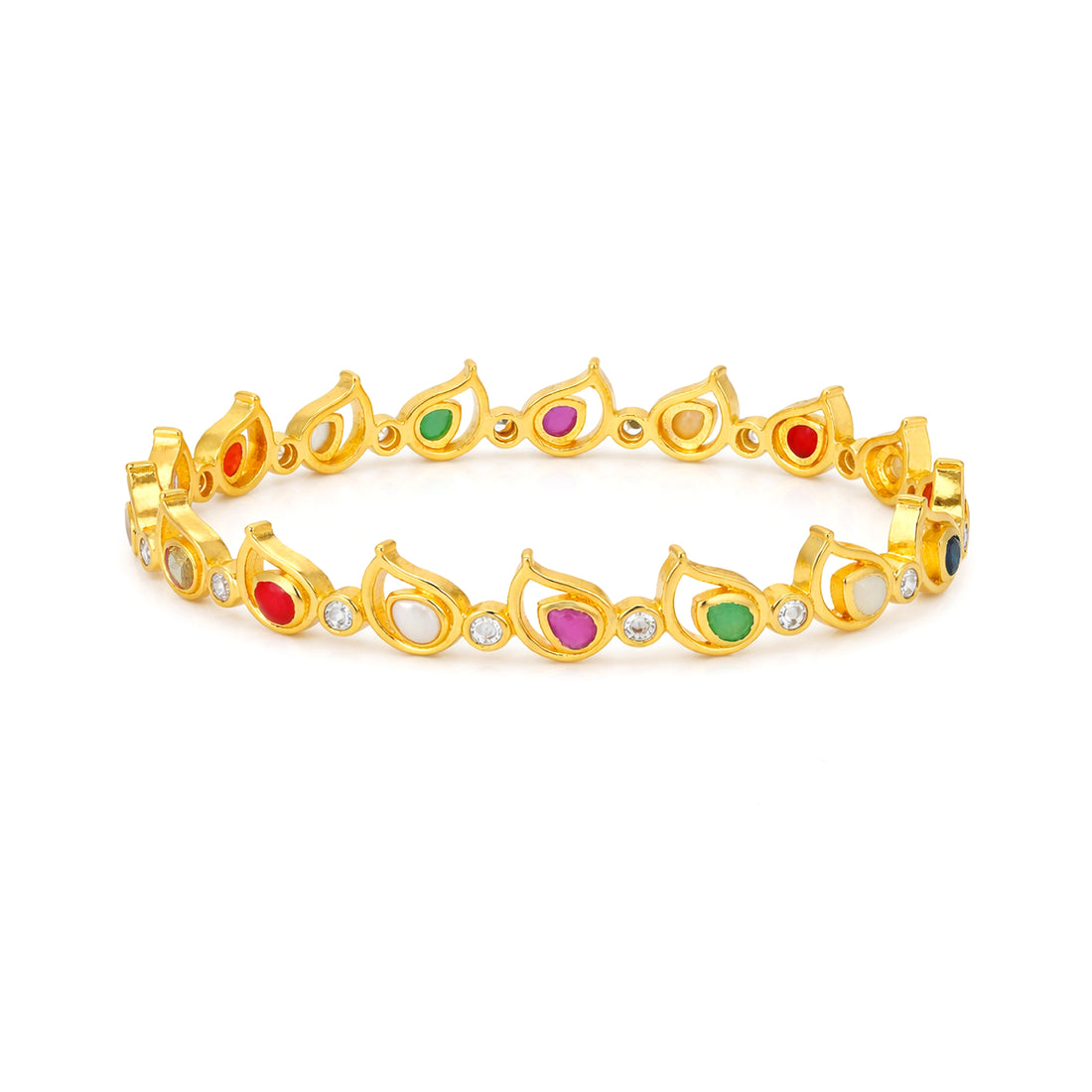 Gold bracelet with colorful gemstones on a white background