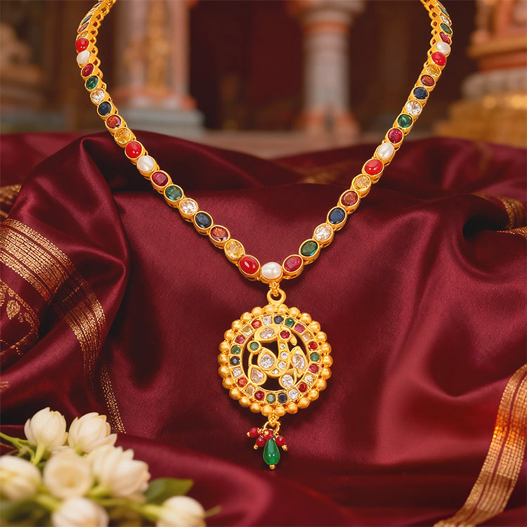 Golden Navaratna Peacock Round Pendant 925 Sterling Silver Pink Green Drop Short Haram for Women