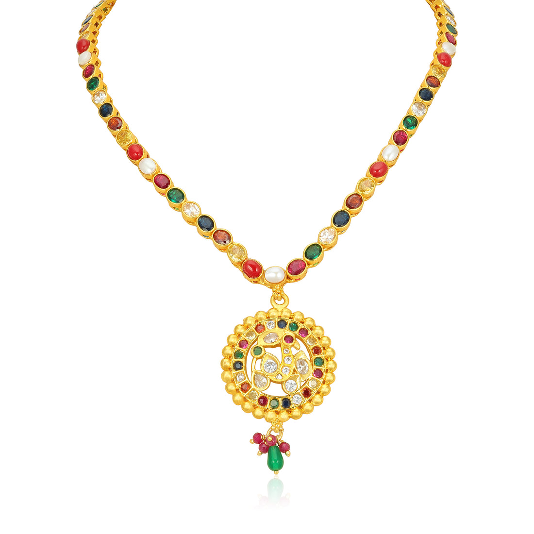 Golden Navaratna Peacock Round Pendant 925 Sterling Silver Pink Green Drop Short Haram for Women