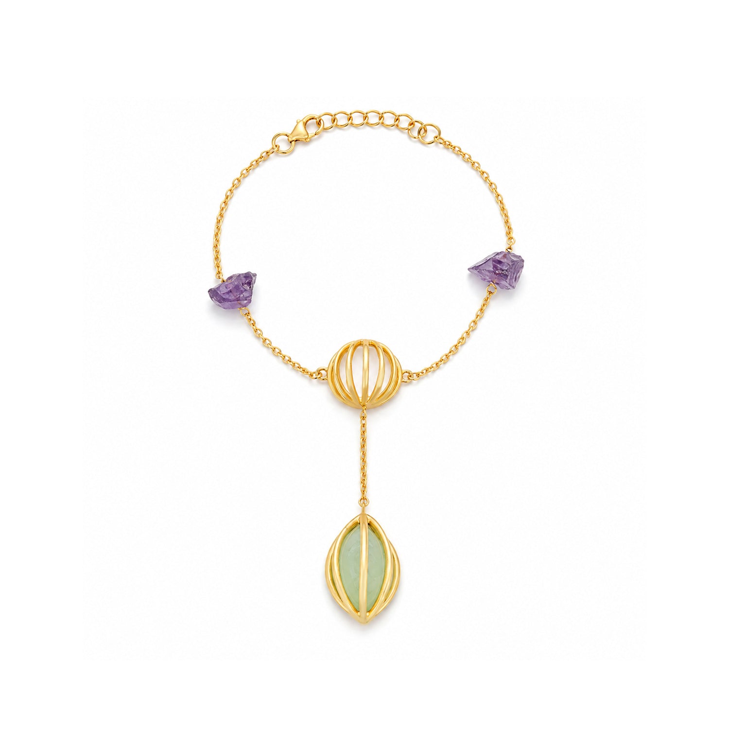 Golden Orb Amethyst Leaf Drop Artistic Designer Bracelet