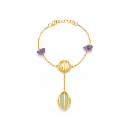 Golden Orb Amethyst Leaf Drop Artistic Designer Bracelet