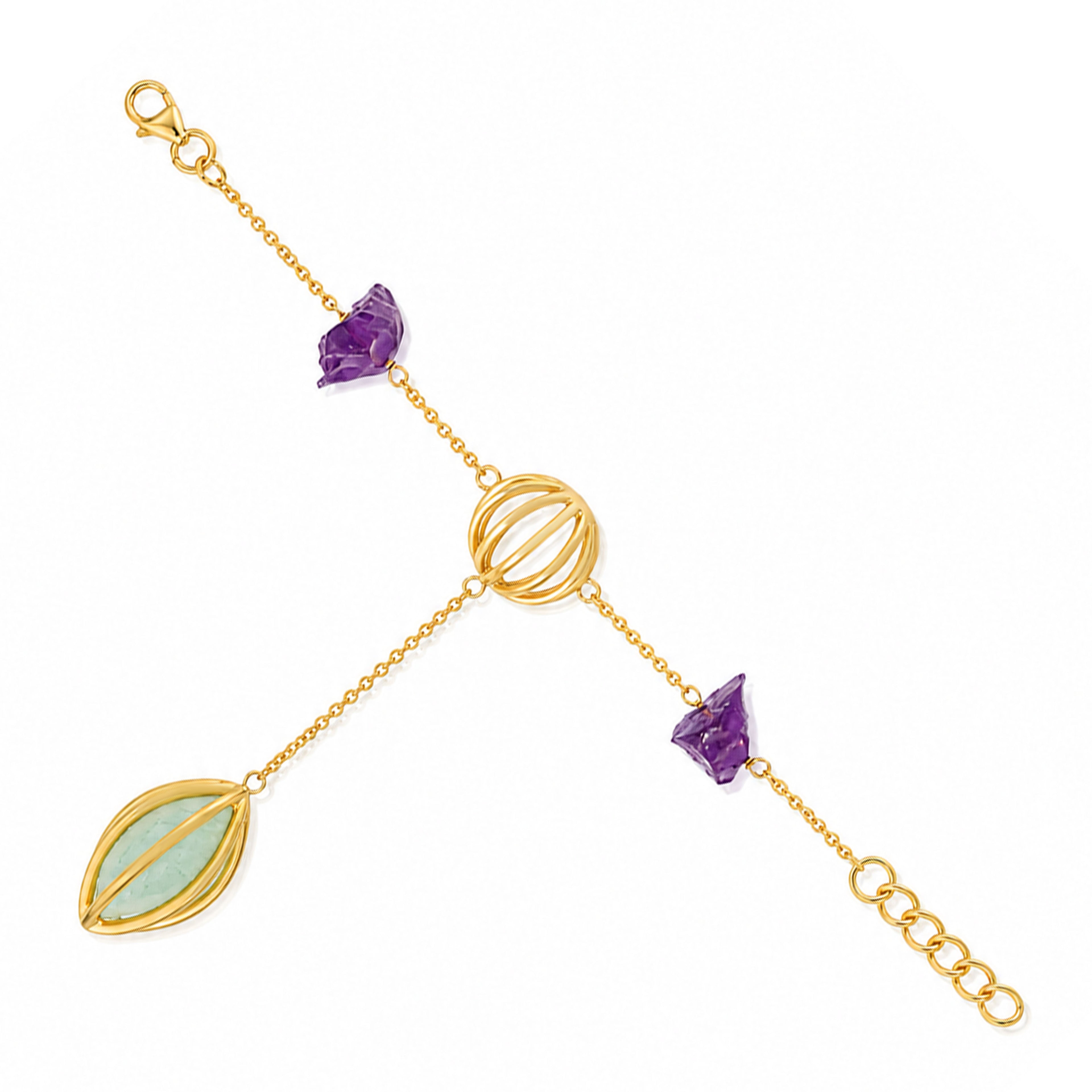 Golden Orb Amethyst Leaf Drop Artistic Designer Bracelet