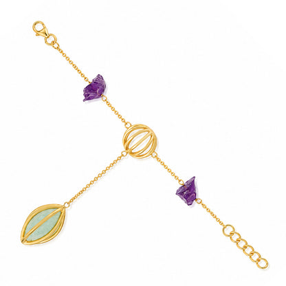 Golden Orb Amethyst Leaf Drop Artistic Designer Bracelet