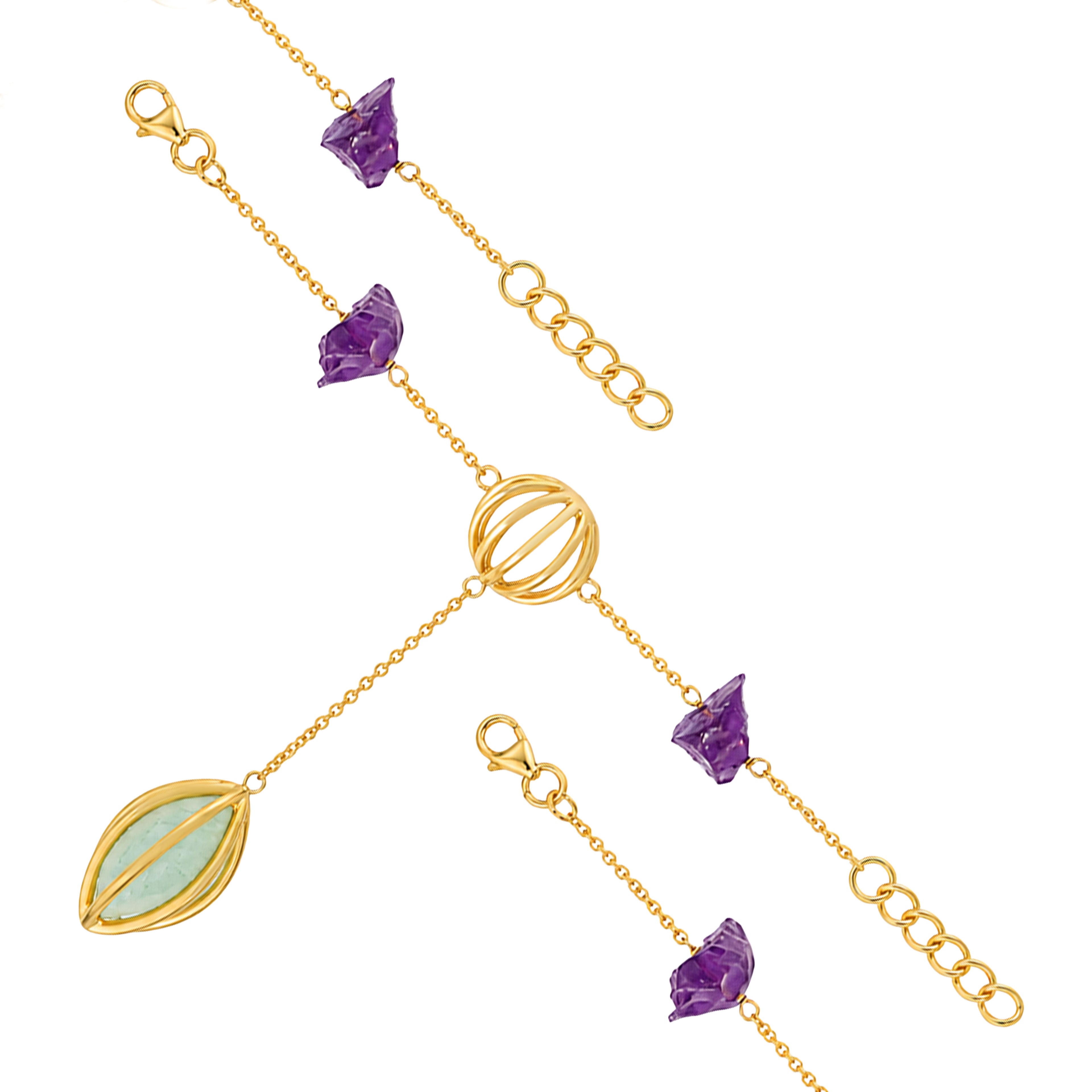 Golden Orb Amethyst Leaf Drop Artistic Designer Bracelet