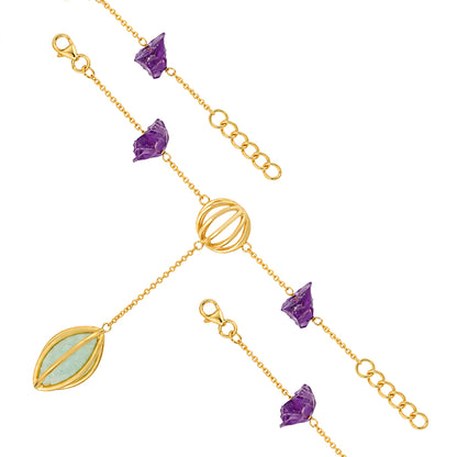 Golden Orb Amethyst Leaf Drop Artistic Designer Bracelet
