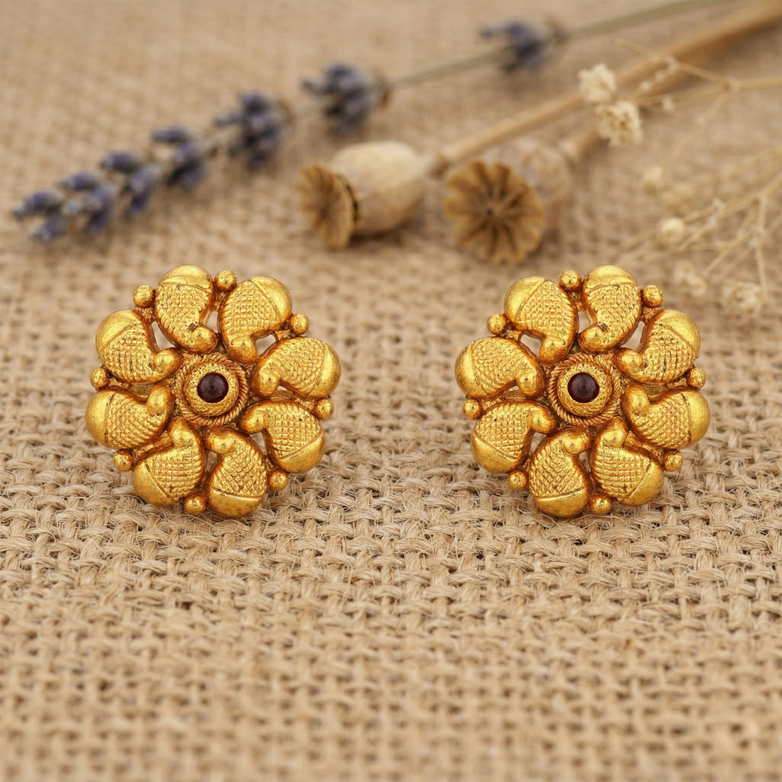 Golden Paisely Cluster Red Stone 925 Sterling Silver Stud for Women