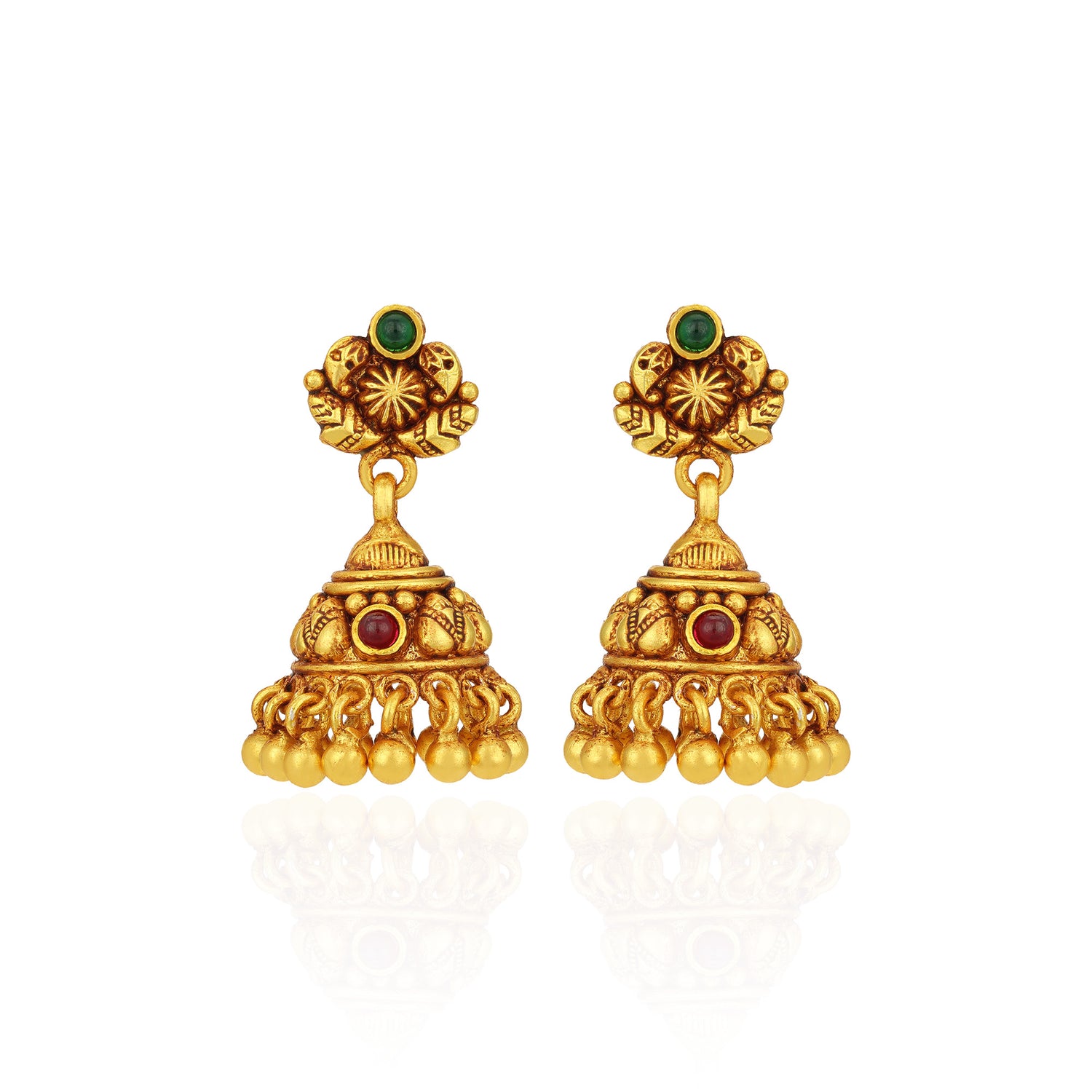 Golden Paisley Motif Green Red Stones 925 Sterling Silver Gold Drop Jhumka for Women