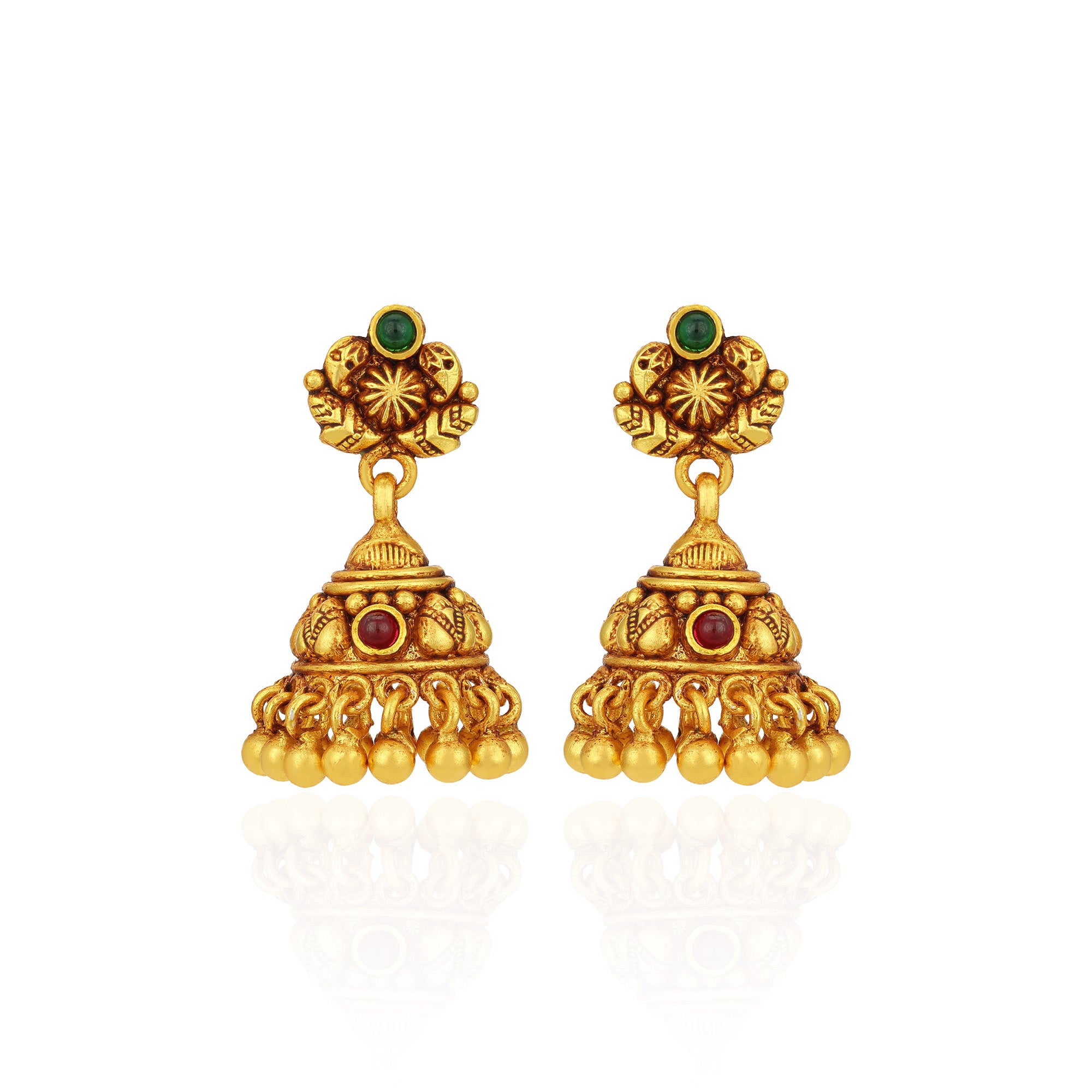Golden Paisley Motif Green Red Stones 925 Sterling Silver Gold Drop Jhumka for Women