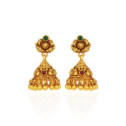 Golden Paisley Motif Green Red Stones 925 Sterling Silver Gold Drop Jhumka for Women