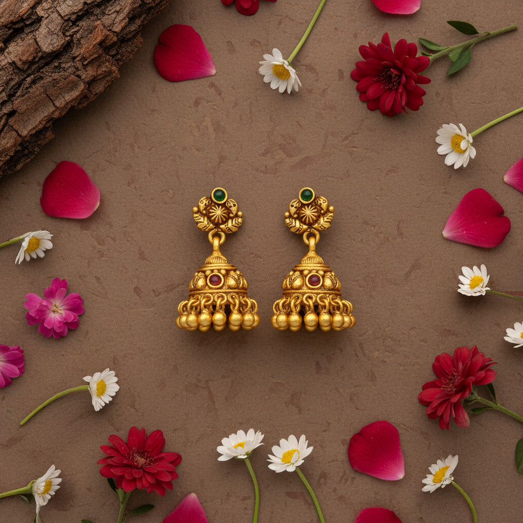 Golden Paisley Motif Green Red Stones 925 Sterling Silver Gold Drop Jhumka for Women