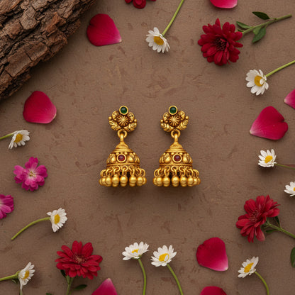 Golden Paisley Motif Green Red Stones 925 Sterling Silver Gold Drop Jhumka for Women