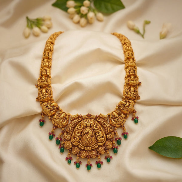 Golden Peacock Lakshmi Cluster 925 Sterling Silver Green Drop Haram for Women