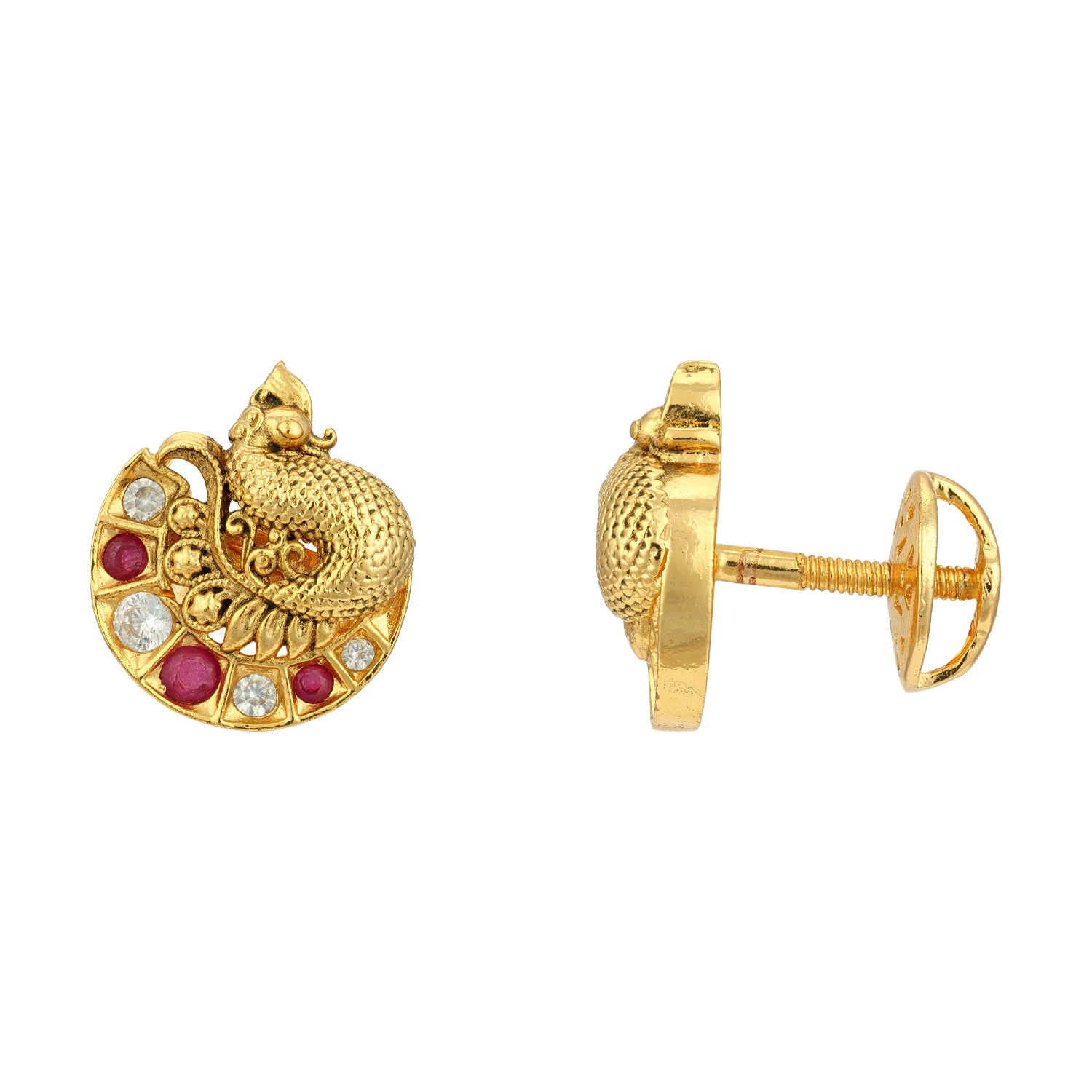 Golden Peacock Motif 925 Sterling Silver CZ Pink Accent Stud for Women