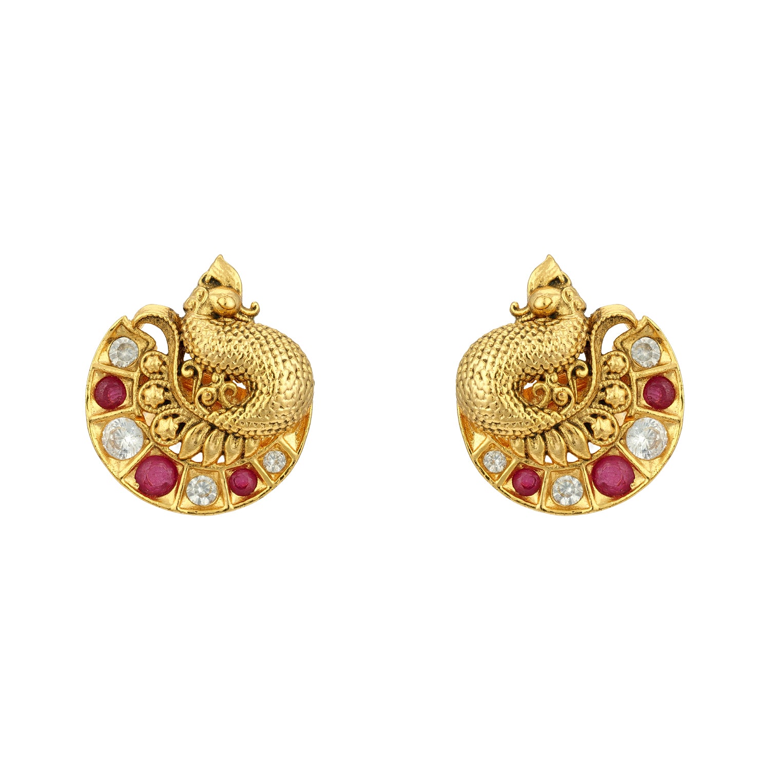 Golden Peacock Motif 925 Sterling Silver CZ Pink Accent Stud for Women