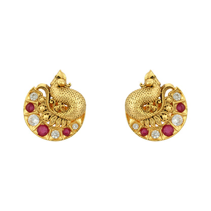 Golden Peacock Motif 925 Sterling Silver CZ Pink Accent Stud for Women