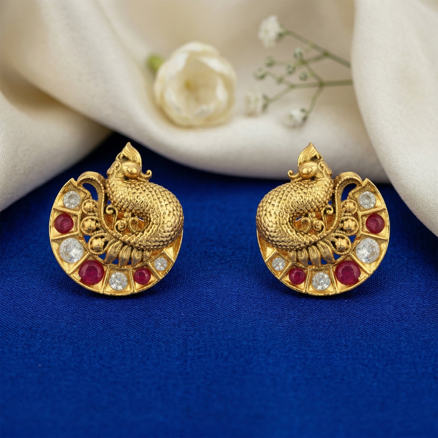 Golden Peacock Motif 925 Sterling Silver CZ Pink Accent Stud for Women