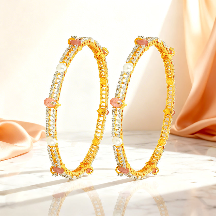 Golden Pearl and Peach Stone Accent 925 Sterling Silver Bangle for Women